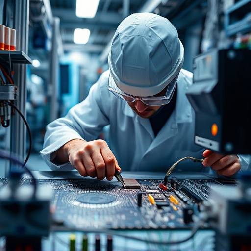 Un ingegnere che lavora su un circuito elettronico complesso in un laboratorio high-tech