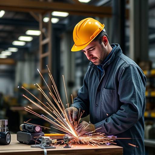 Un operaio che lavora in una fabbrica metalmeccanica, simbolo del settore manifatturiero.