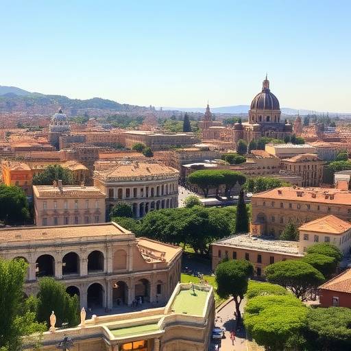 Vista panoramica di Roma, Italia, con il Colosseo in primo piano e il cielo sereno sullo sfondo.